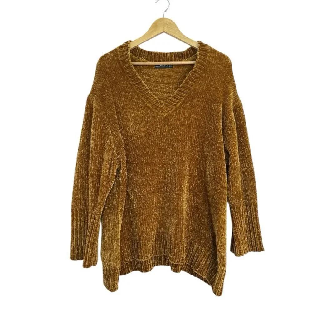 Zara Gold Oversized Chunky Knit Long Sleeve V Neck Sweater, Size Medium - Picture 3 of 7